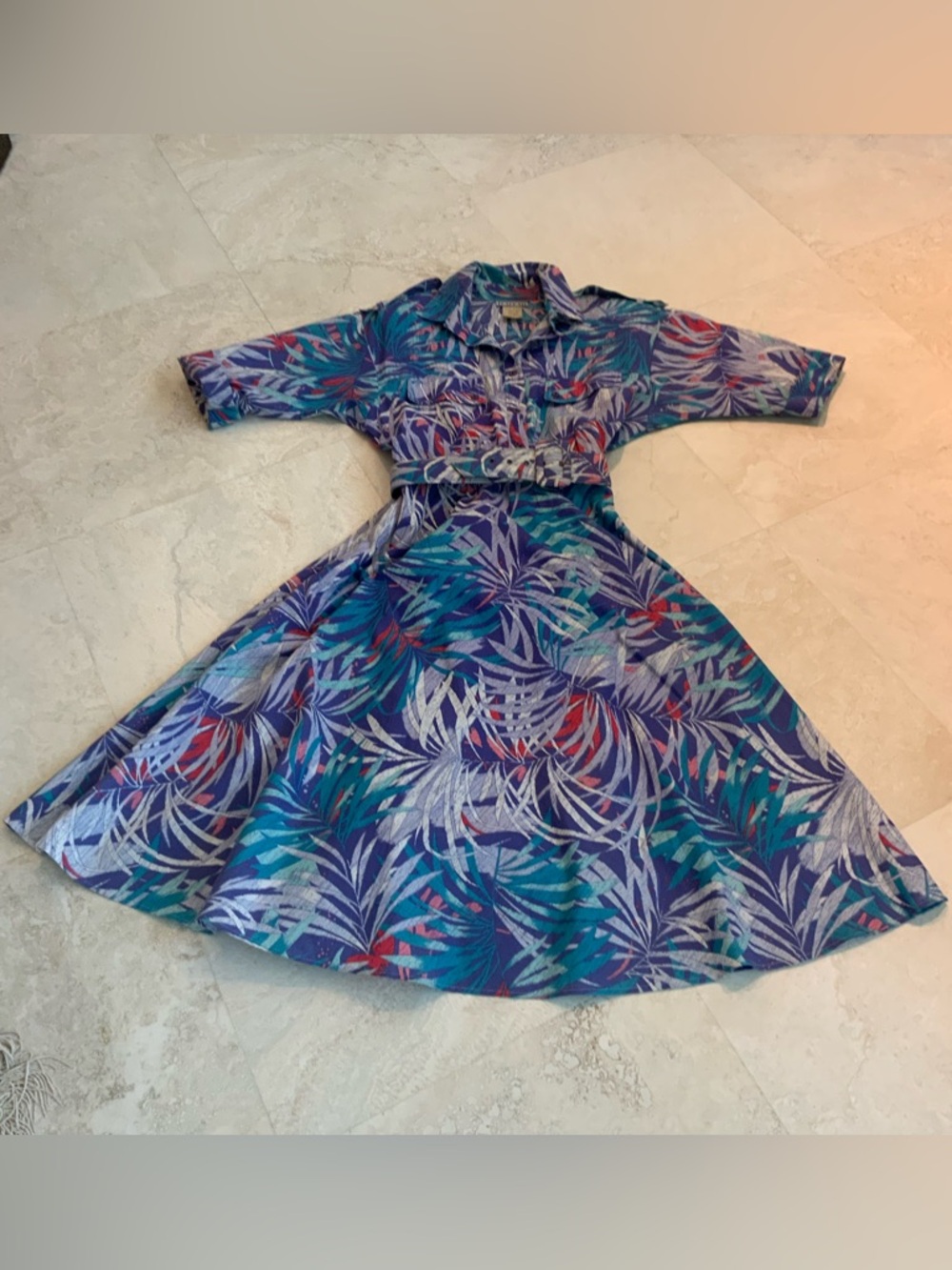 Vintage Cabrais Tropical Print Shirt Dress in Teal & Purple sz 10